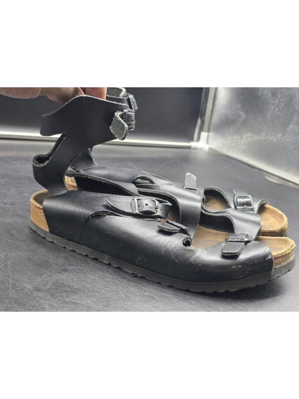 Birkenstock Sandals Womens Size 8 39 Black Athen gladiator Ankle Strap Cork Shoe